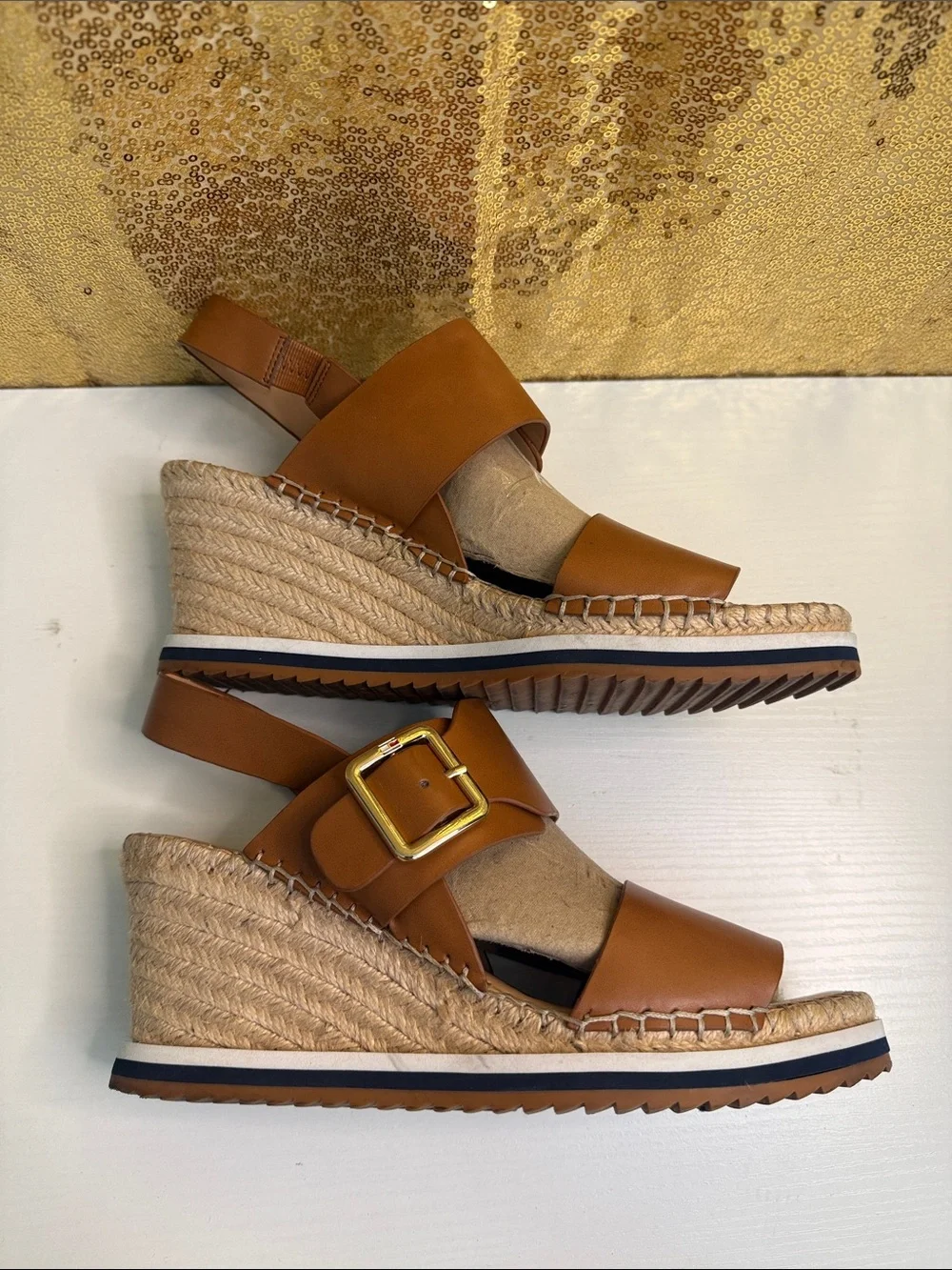 Tommy Hilfiger Cognac Leather Espadrille Wedge Sandals
